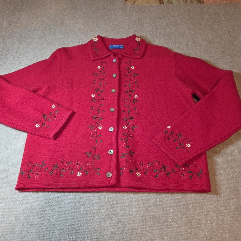 Karen Scott Sport Red Wool Embroidered Holiday Cardigan Sweater Petite Large PL
